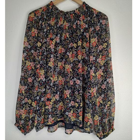 Loft Black Floral Smocked Neck Long Sleeve Sheer Lined Blouse Size Large - Picture 1 of 11